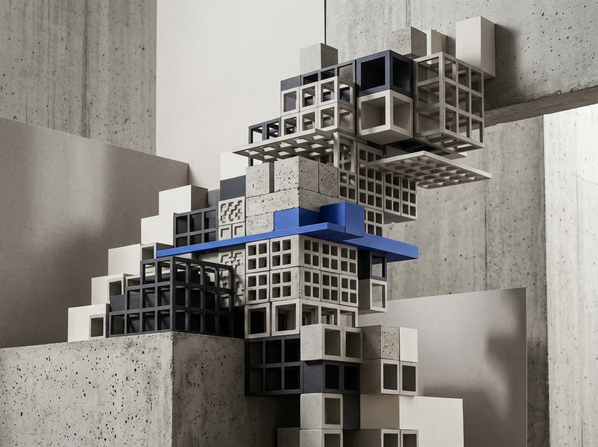 Architectural abstraction of convolutional grids as stacked modular blocks with a blue accent plane