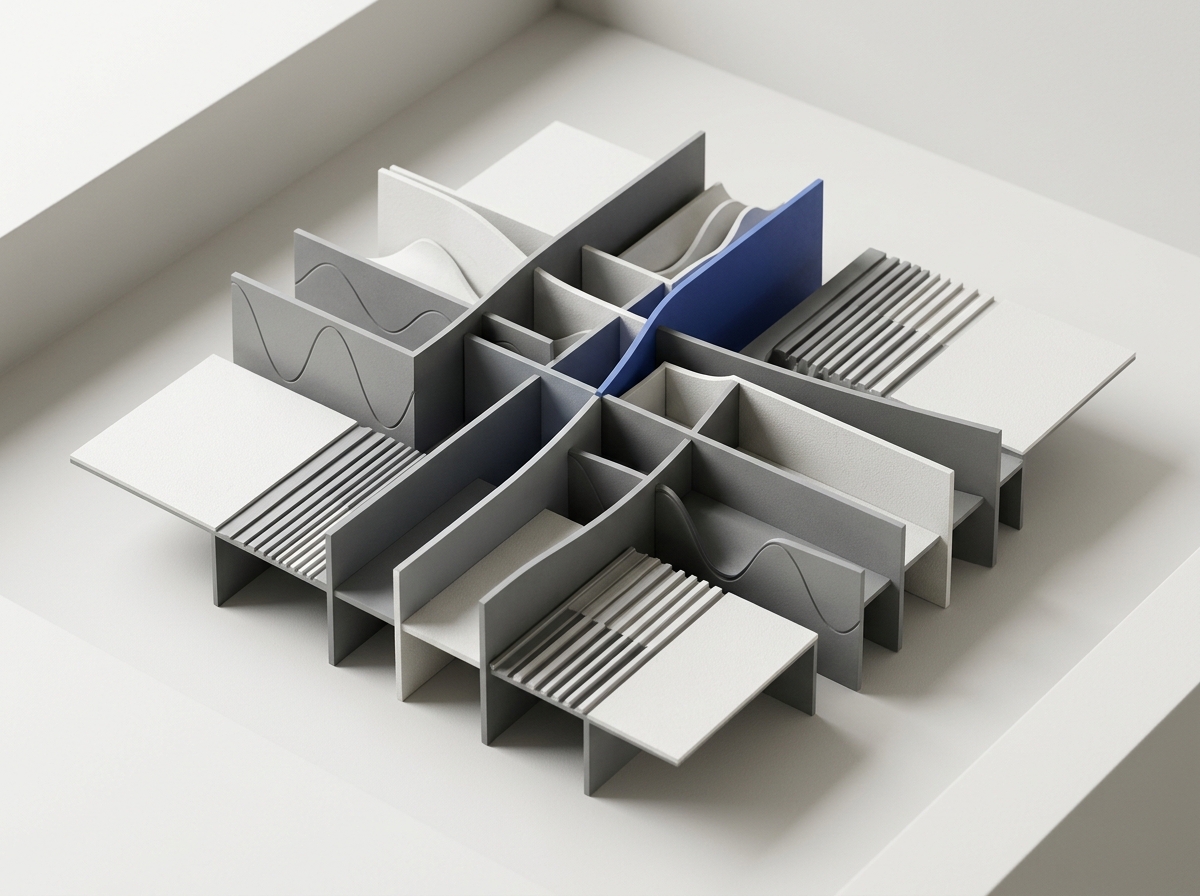 Architectural abstraction of Fourier frequency bands as interlocking neutral planes with blue accents