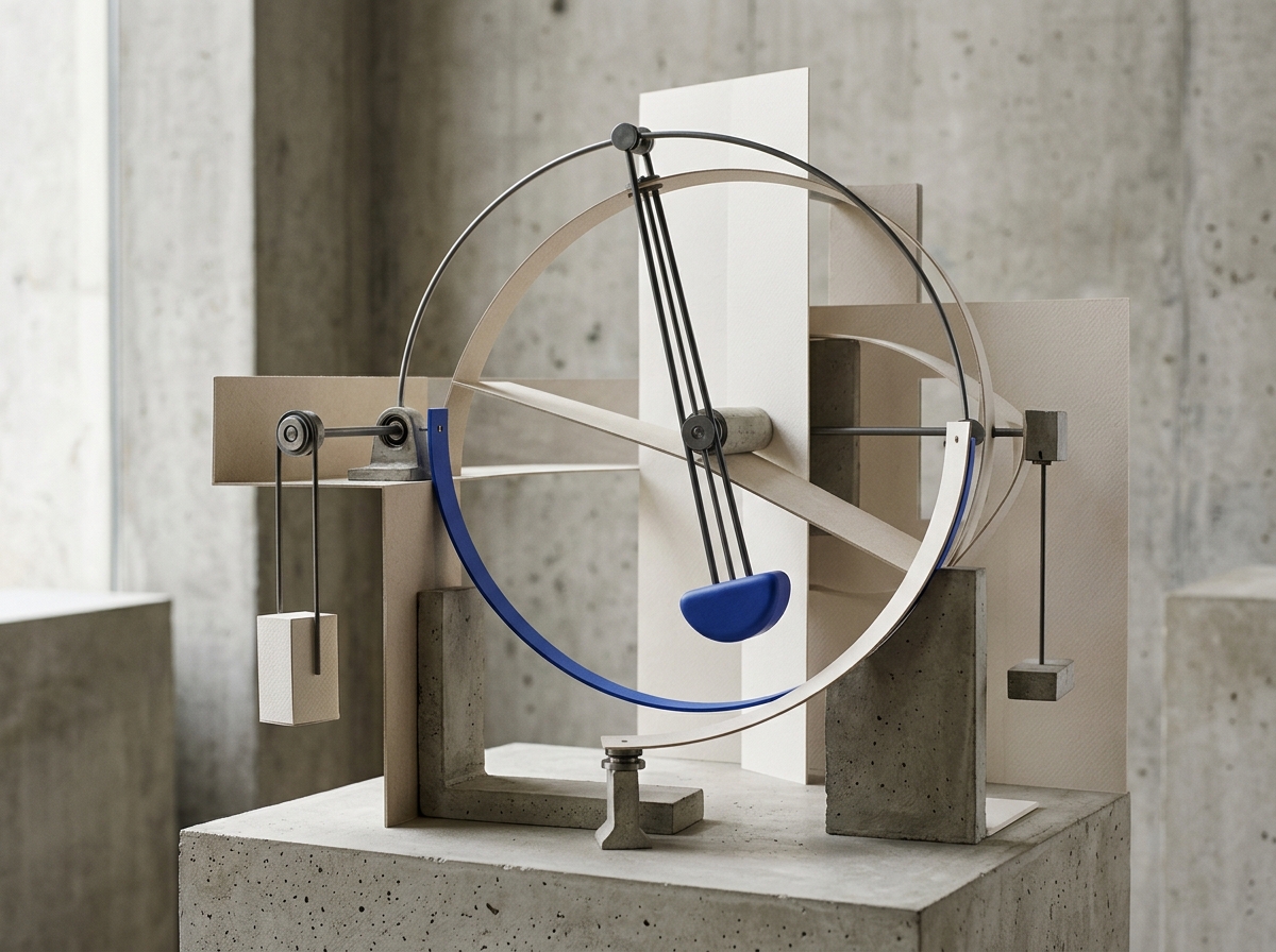 Architectural mechanics model representing Hamiltonian energy conservation with balanced arcs