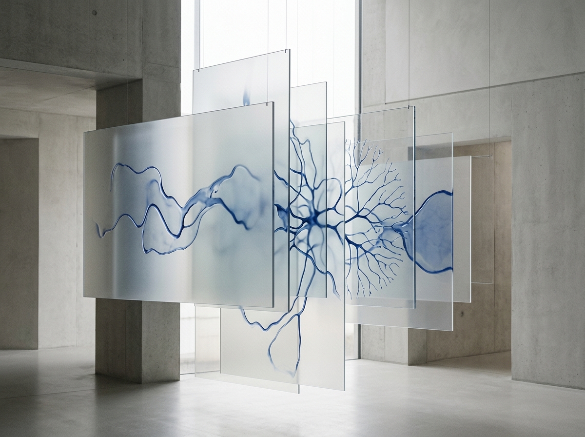 Architectural abstraction of liquid neural dynamics as translucent planes and controlled blue contours